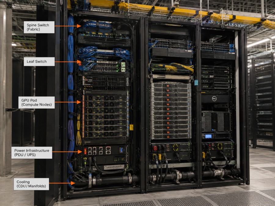 Annotated AI factory rack row: spine switch fabric, leaf switch, GPU pod compute nodes, PDU and UPS power infrastructure, and CDU manifold liquid cooling