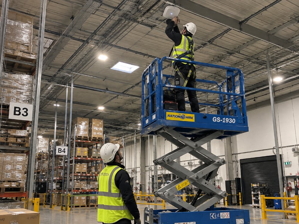 Two harnessed workers aligning a roof-mounted antenna at a live site, under working-at-height controls