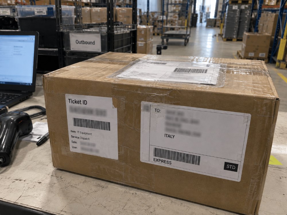 Sealed outbound package at a Cogent hub dispatch bench: ticket ID label with barcode listing item, service, date and picking user, a courier address label routed to Italy on the express lane, and a scanner and terminal at the bench