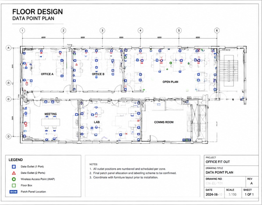 Floor design data point plan: numbered single and dual data outlets, wireless access points, floor boxes and patch panel location per zone