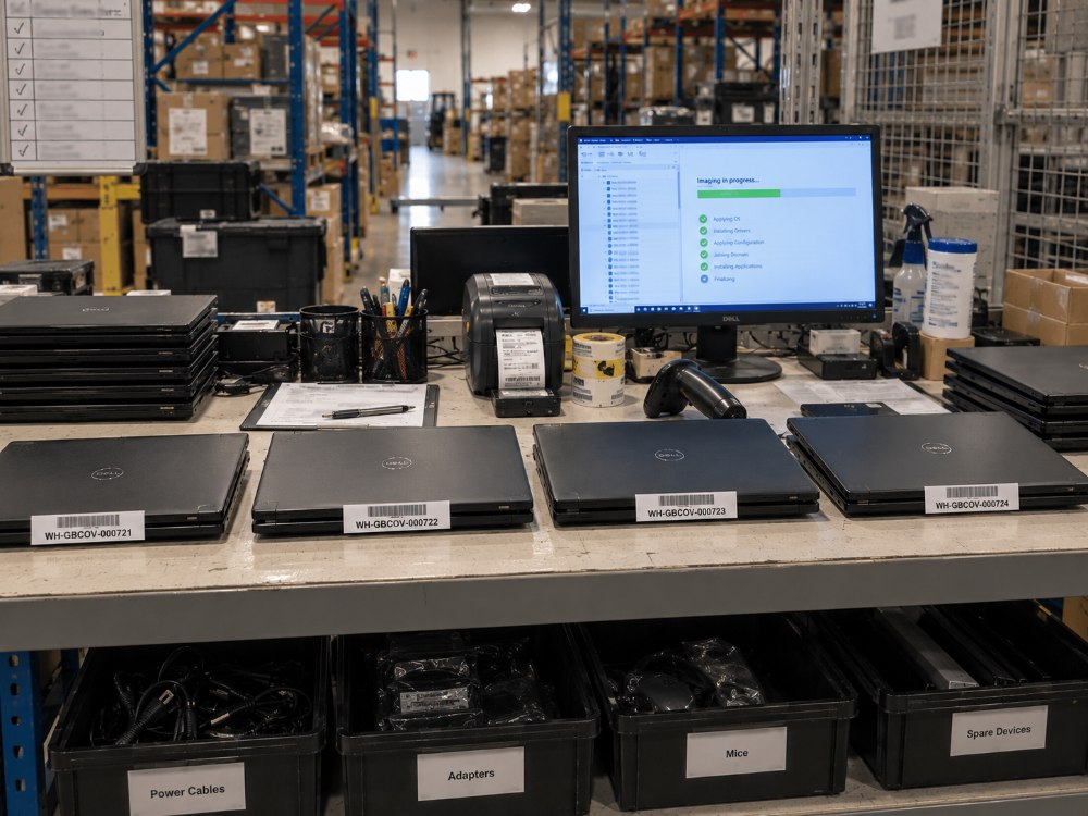 Staging bench in a Cogent hub: four laptops asset-tagged WH-GBCOV-000721 to 000724 with barcoded labels, an imaging run in progress on the bench terminal showing OS, drivers, configuration, domain join and applications completing, a label printer and scanner alongside, and labelled totes of power cables, adapters, mice and spare devices below